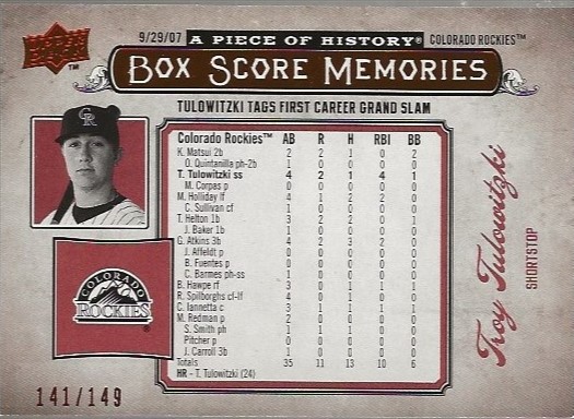 2008 UD A Piece of History Box Score Memories Red #BSM20 Troy Tulowitzki