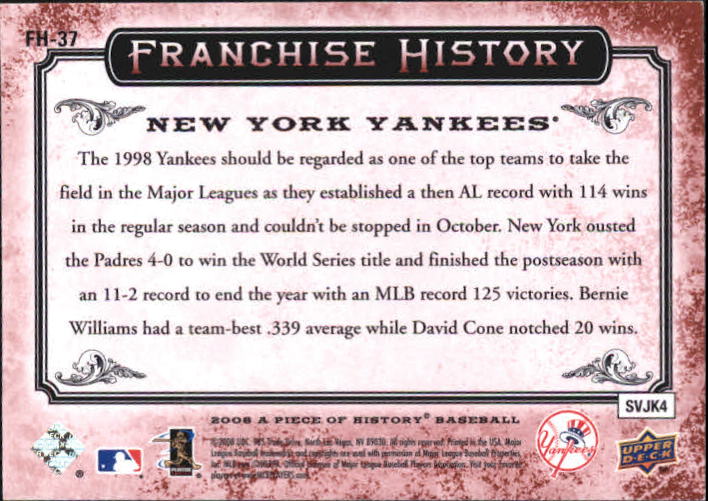 2008 UD A Piece of History Franchise History Red #FH37 Hideki Matsui back image