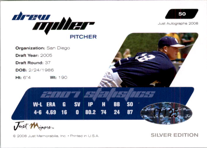 2008 Just Autographs Silver #50 Drew Miller back image