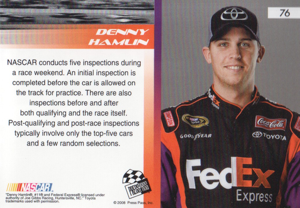 2008 Press Pass Speedway #76 Denny Hamlin's Car RSG back image