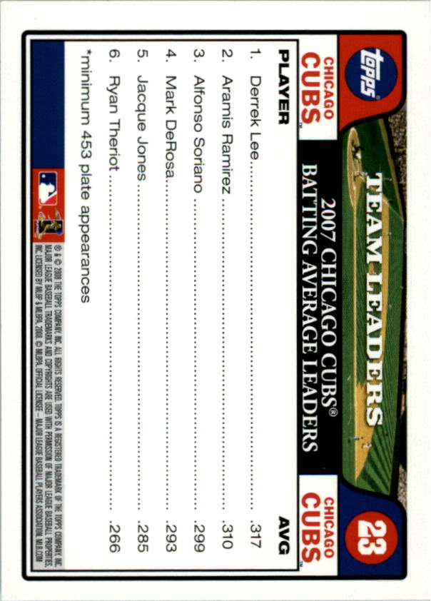 2008 Cubs Topps Gift Set #23 Derrek Lee/Aramis Ramirez/Alfonso Soriano back image