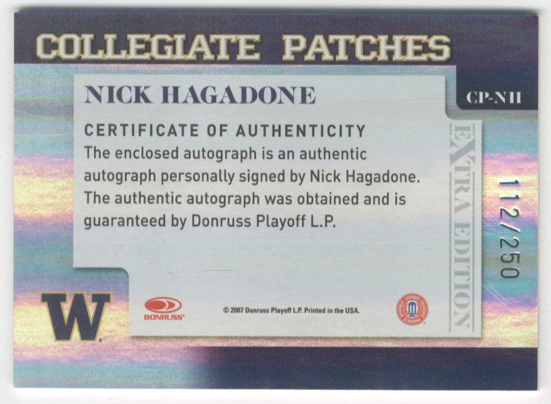 2007 Donruss Elite Extra Edition Collegiate Patches #54 Nick Hagadone/250 back image