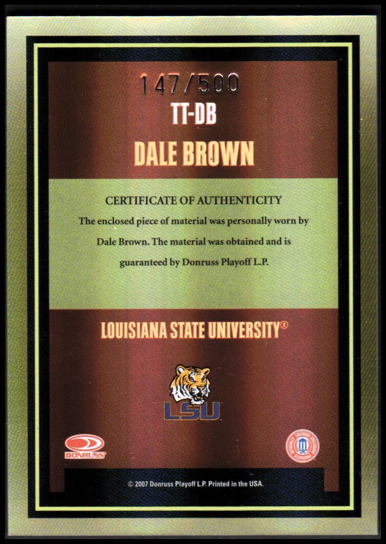 2007 Donruss Elite Extra Edition Throwback Threads #21 Dale Brown/500 back image