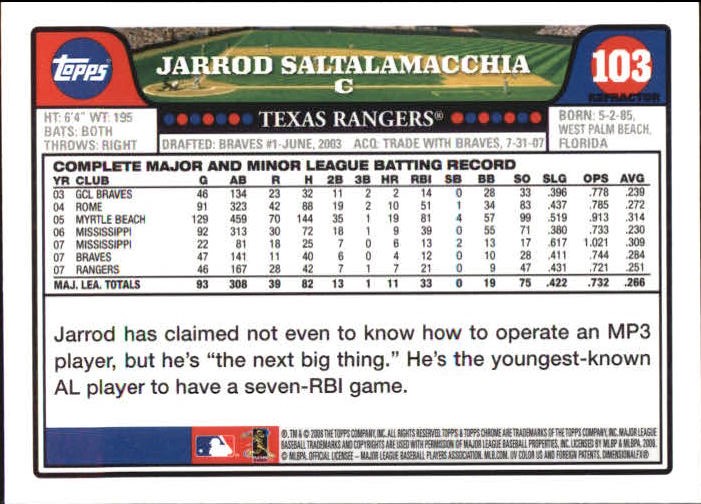 2008 Topps Chrome Blue Refractors #103 Jarrod Saltalamacchia