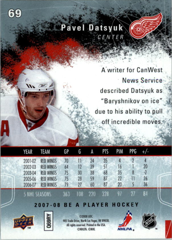 2007-08 Be A Player #69 Pavel Datsyuk back image