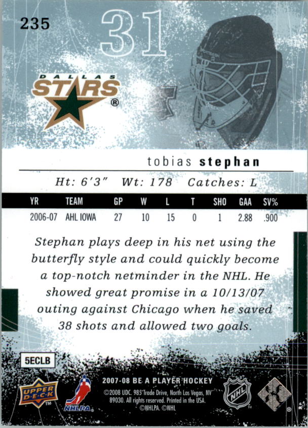 2007-08 Be A Player #235 Tobias Stephan RC back image