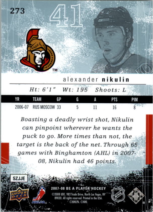 2007-08 Be A Player #273 Alexander Nikulin RC back image