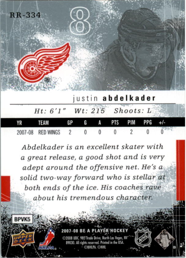 2007-08 Be A Player #334 Justin Abdelkader XRC back image