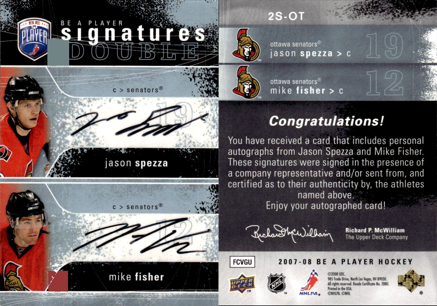 2007-08 Be A Player Signatures Duals #2SOT Jason Spezza/Mike Fisher
