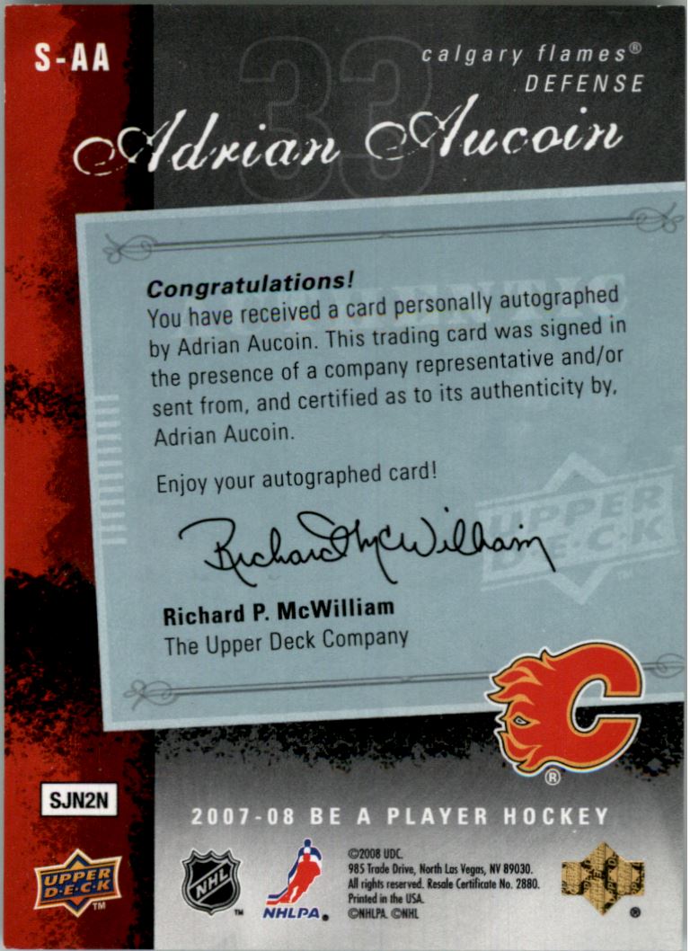 2007-08 Be A Player Signatures #SAA Adrian Aucoin back image