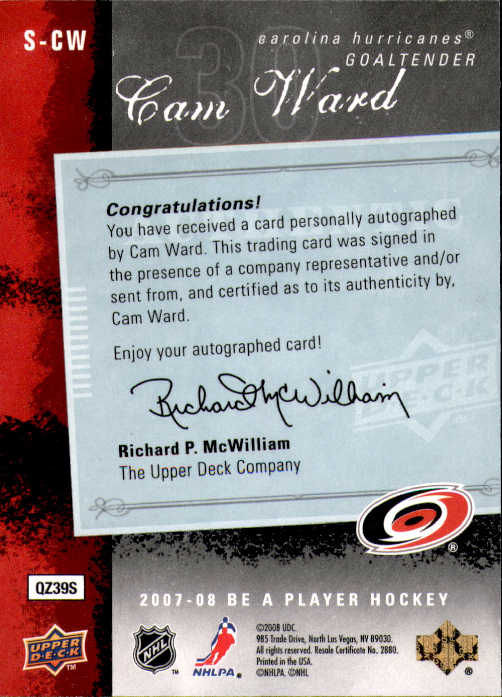 2007-08 Be A Player Signatures #SCW Cam Ward back image