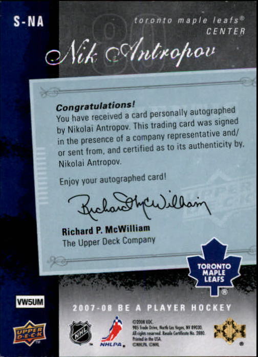 2007-08 Be A Player Signatures #SNA Nikolai Antropov back image