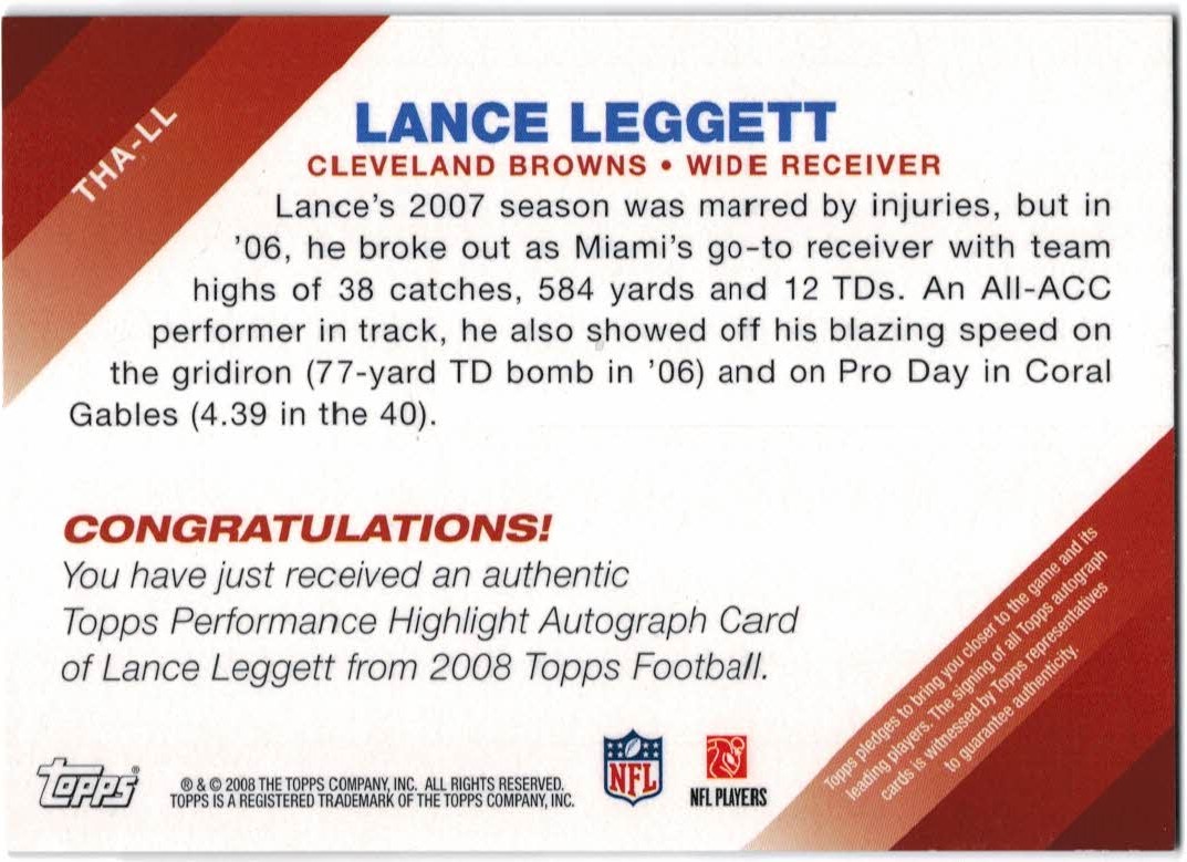 2008 Topps Performance Highlights Autographs #THALL Lance Leggett D back image