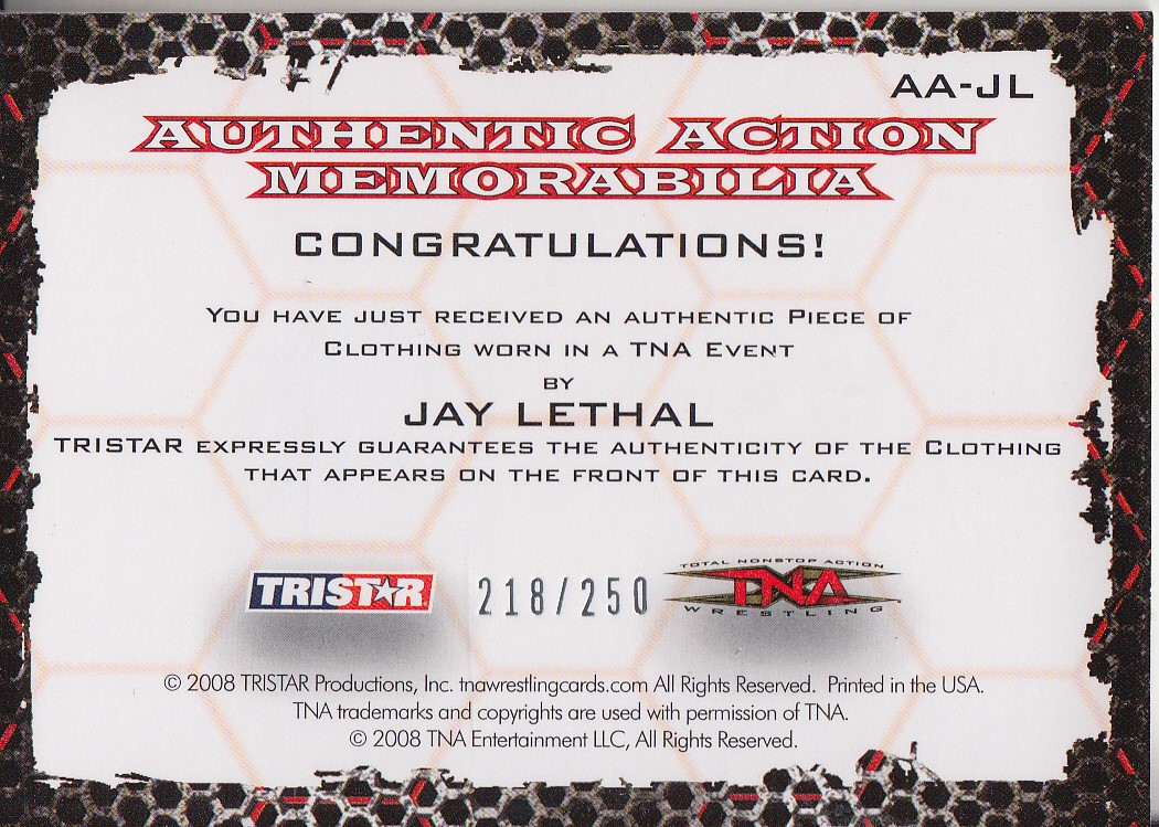 2008 TRISTAR TNA Impact Memorabilia Black #AAJL Jay Lethal back image