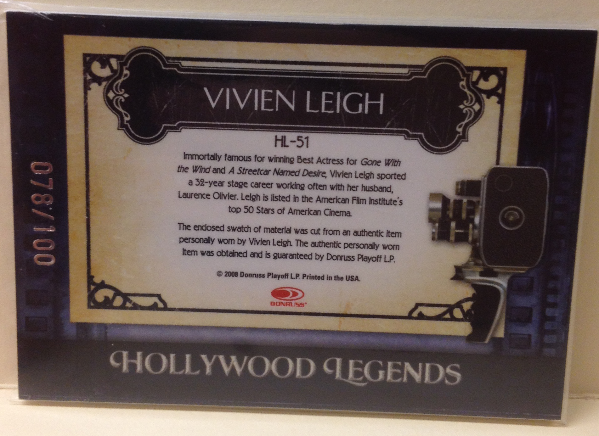 2008 Americana II Hollywood Legends Material Silver Screen #51 Vivien Leigh/100 back image