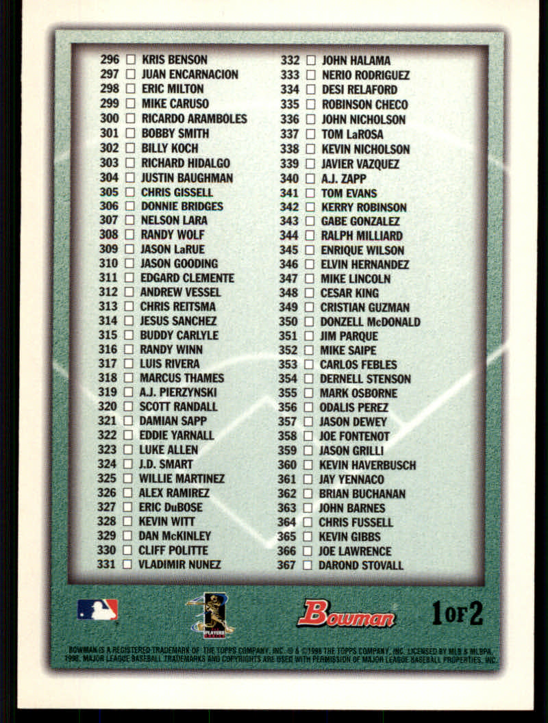 1998 Bowman Baseball "Insert and Parallel" Cards