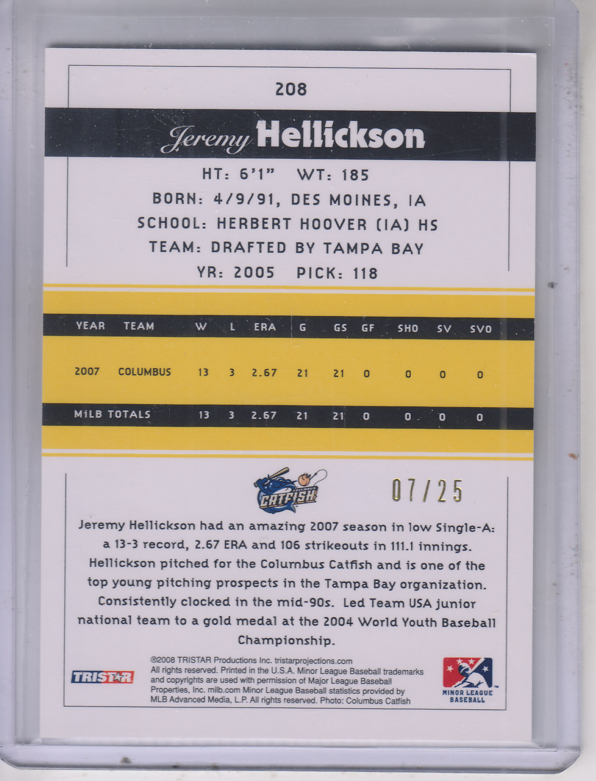 2008 TRISTAR PROjections Yellow #208 Jeremy Hellickson back image