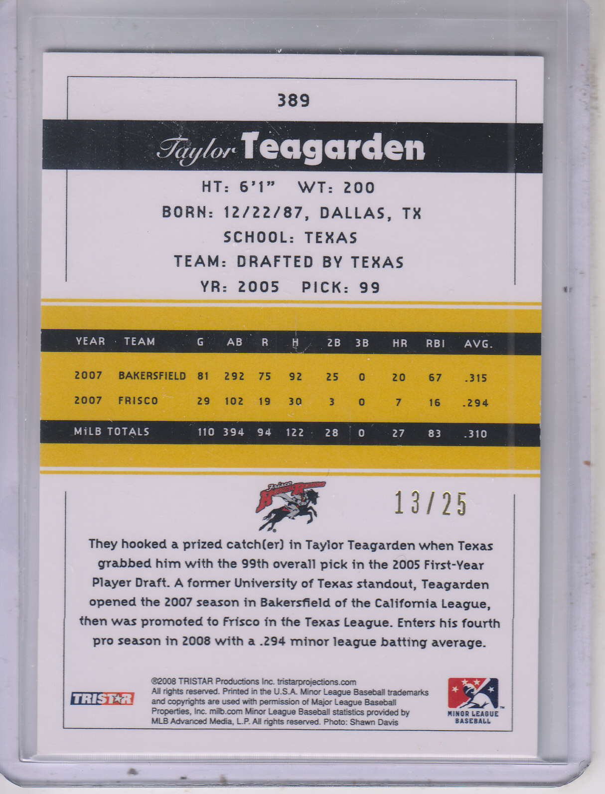 2008 TRISTAR PROjections Yellow #389 Taylor Teagarden back image