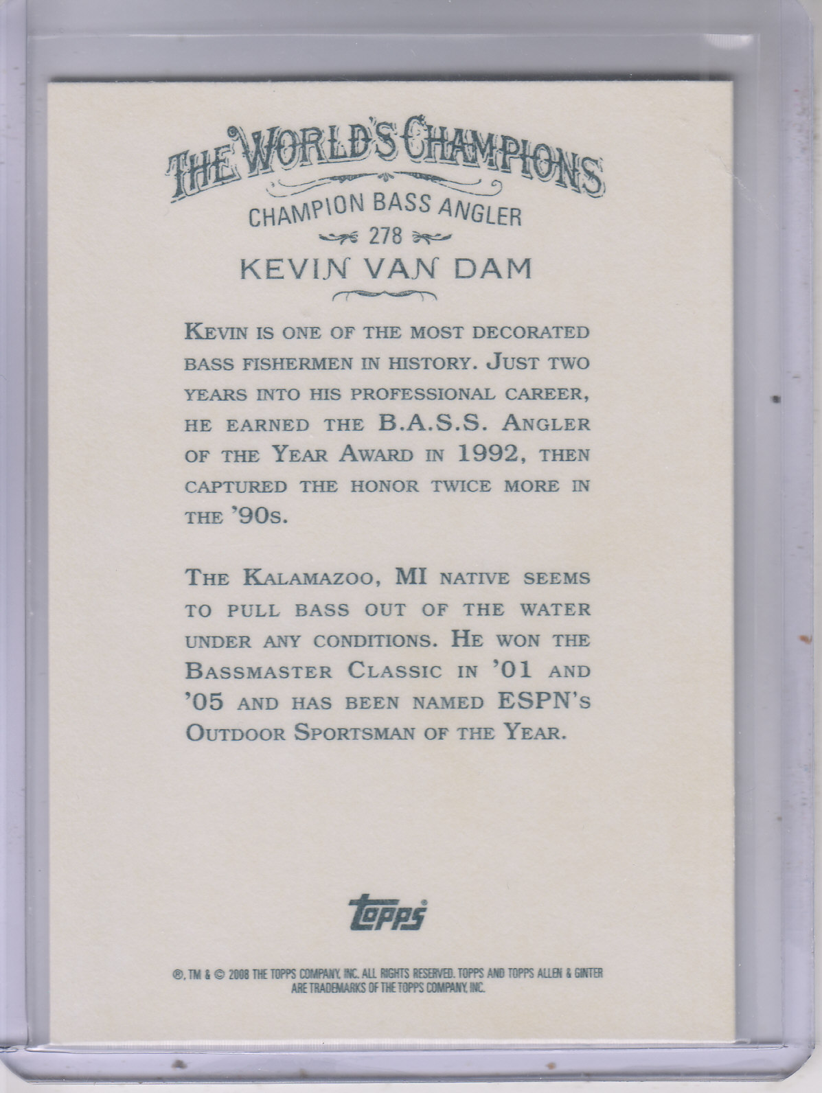 2008 Topps Allen and Ginter #278 Kevin Van Dam back image