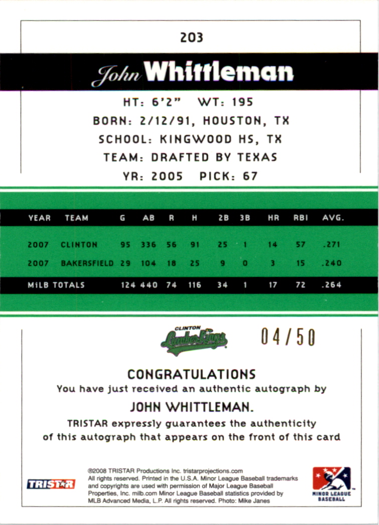 2008 TRISTAR PROjections Autographs Green #203 John Whittleman back image