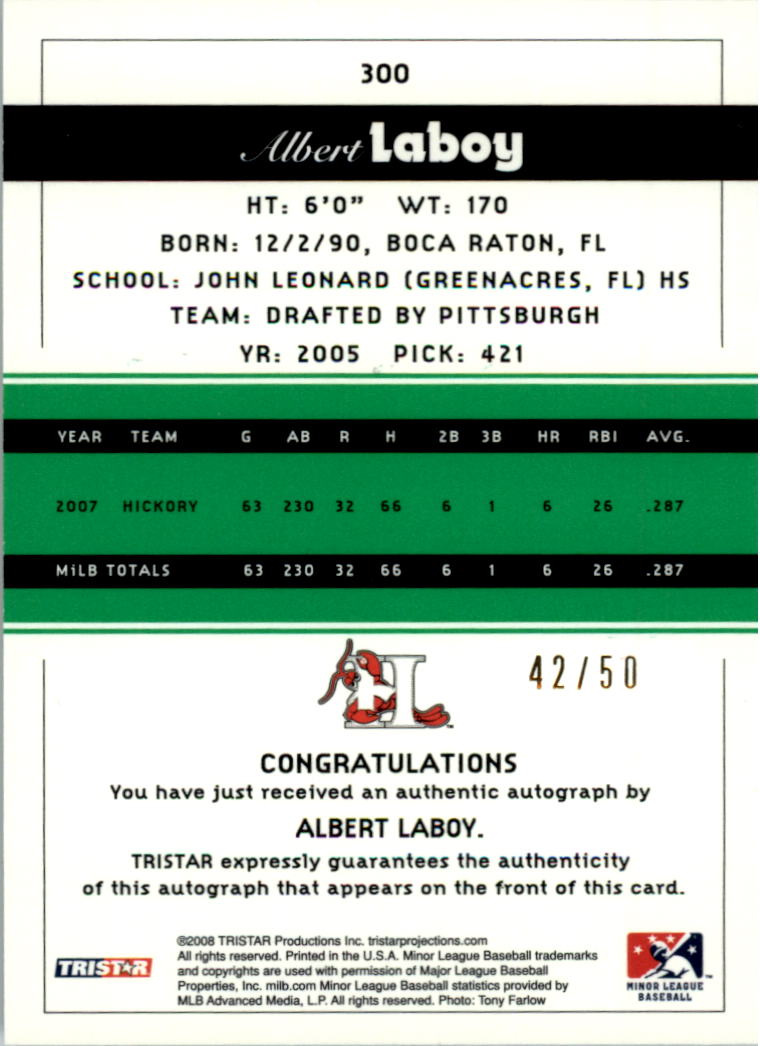 2008 TRISTAR PROjections Autographs Reflectives Green #300 Albert LaBoy back image