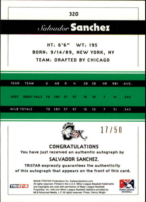 2008 TRISTAR PROjections Autographs Reflectives Green #320 Salvador Sanchez back image