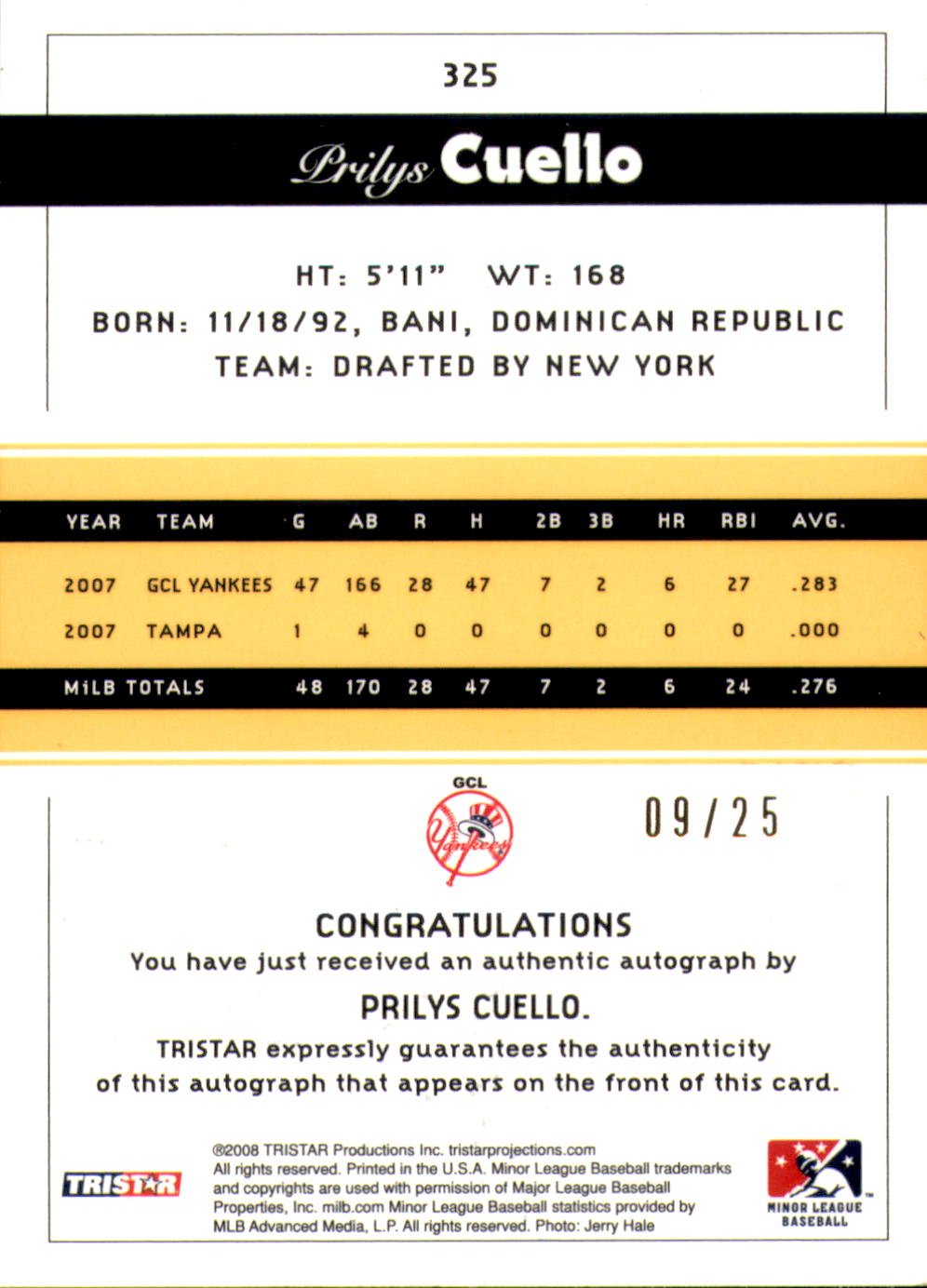 2008 TRISTAR PROjections Autographs Reflectives Yellow #325 Prily Cuello back image
