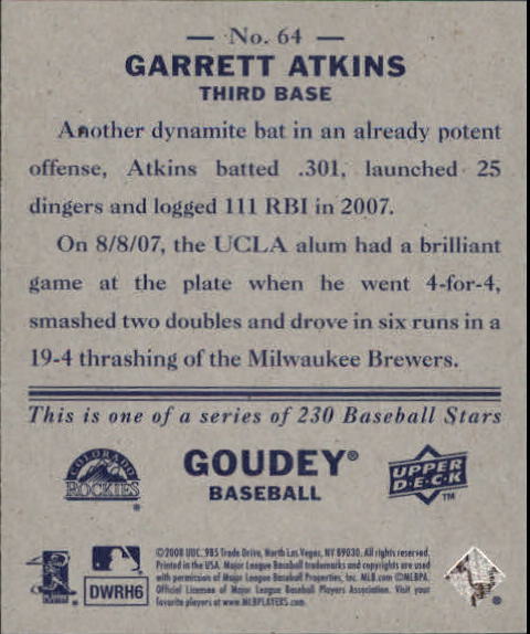 2008 Upper Deck Goudey Mini Blue Backs #64 Garrett Atkins back image