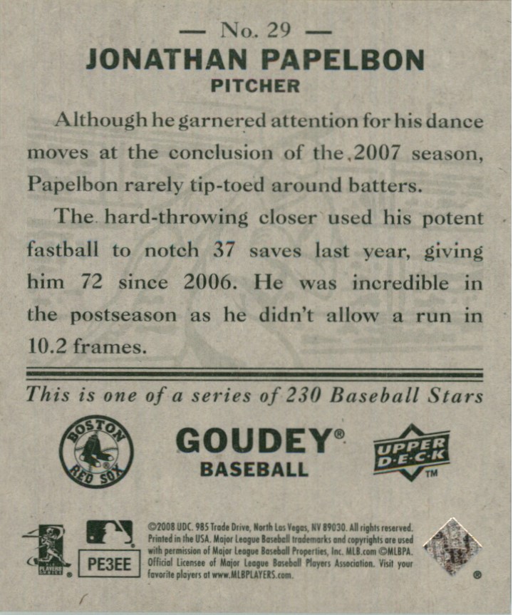 2008 Upper Deck Goudey Mini Green Backs #29 Jonathan Papelbon back image