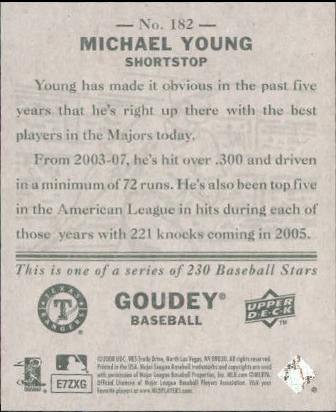 2008 Upper Deck Goudey Mini Green Backs #182 Michael Young back image