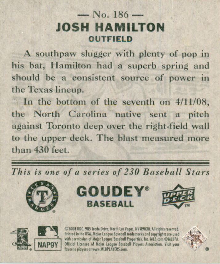2008 Upper Deck Goudey Mini Green Backs #186 Josh Hamilton
