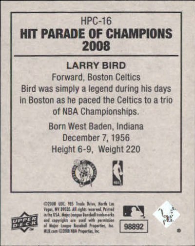 2008 Upper Deck Goudey Hit Parade of Champions #HPC16 Larry Bird back image