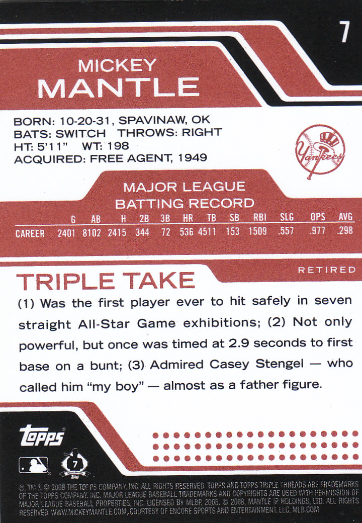 2008 Topps Triple Threads #7 Mickey Mantle back image