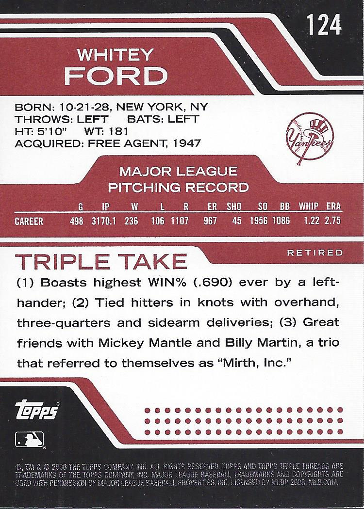2008 Topps Triple Threads #124 Whitey Ford back image