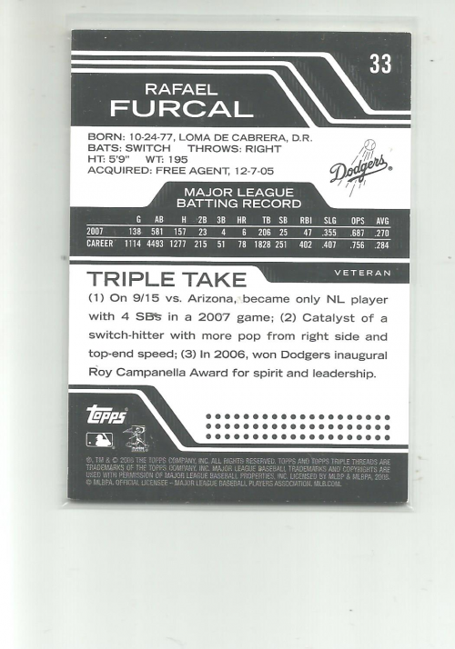 2008 Topps Triple Threads Black #33 Rafael Furcal back image