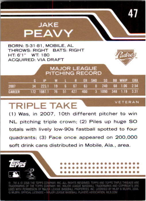 2008 Topps Triple Threads Gold #47 Jake Peavy back image