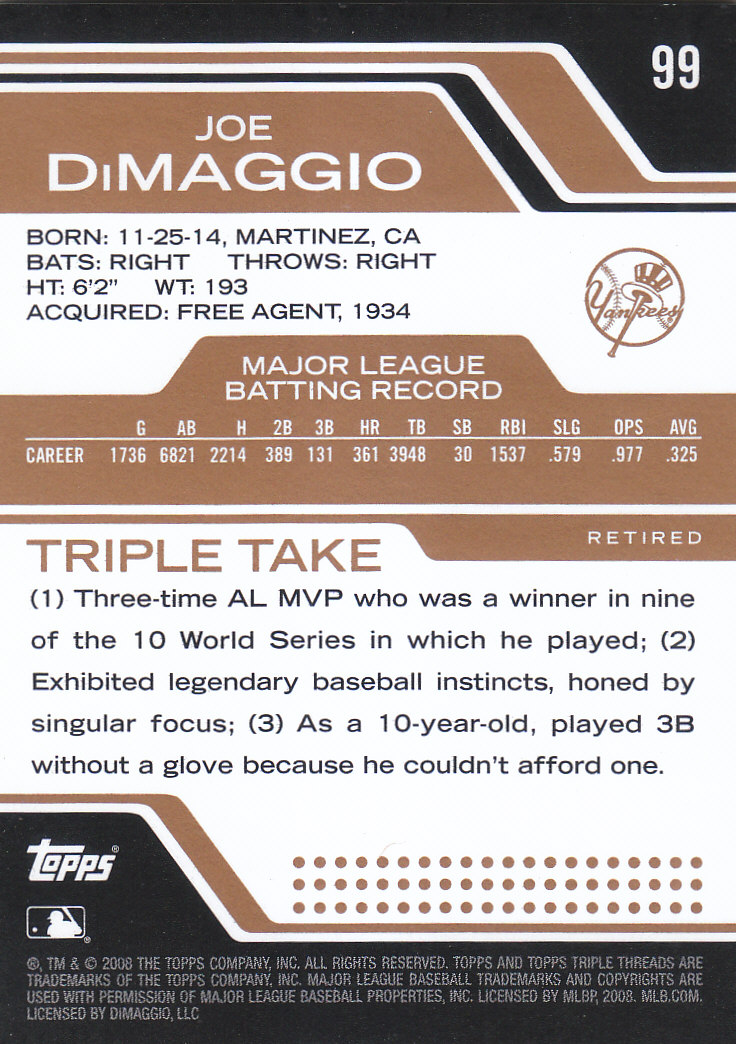 2008 Topps Triple Threads Sepia #99 Joe DiMaggio back image