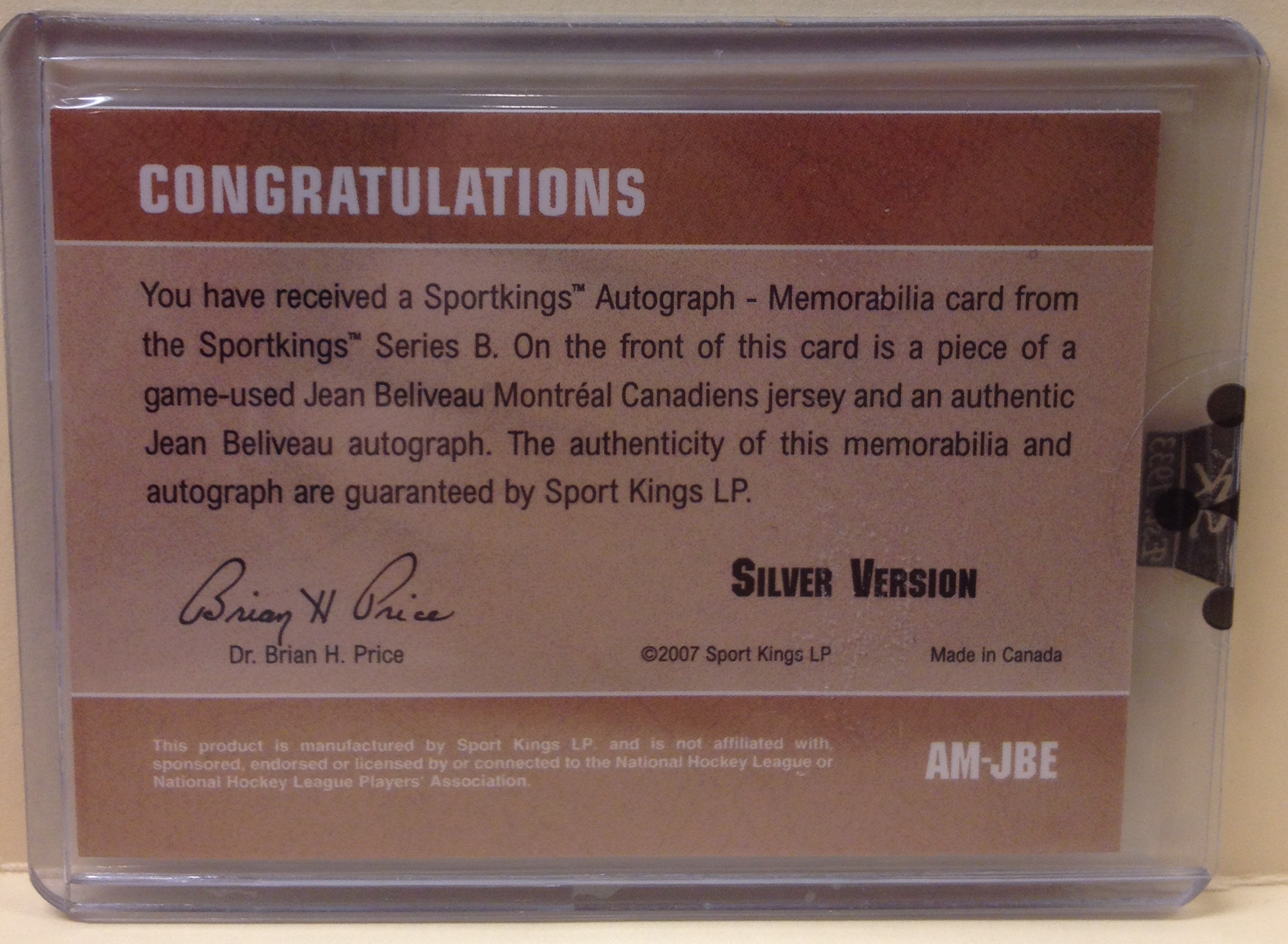 2008 Sportkings Autograph Memorabilia Silver #JBE Jean Beliveau/50 * back image