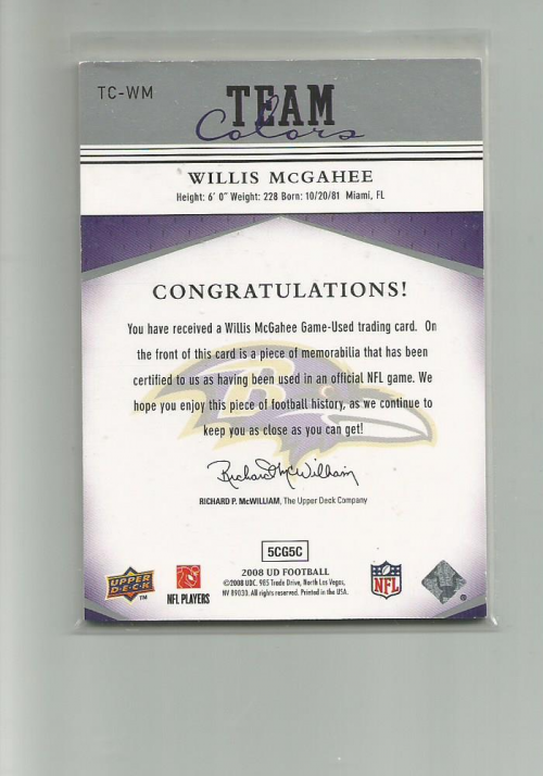 2008 Upper Deck Team Colors Jerseys #TCWM Willis McGahee back image