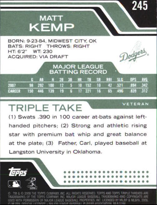 2008 Topps Triple Threads Emerald #245 Matt Kemp back image