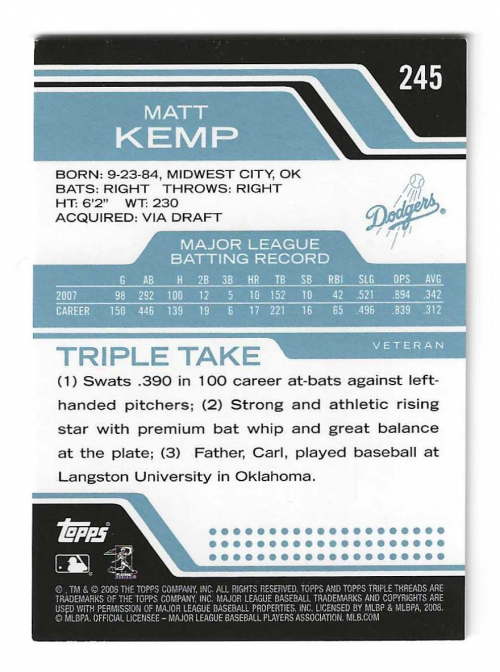 2008 Topps Triple Threads Sapphire #245 Matt Kemp back image