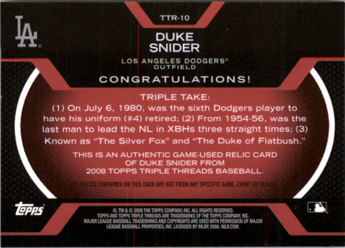 2008 Topps Triple Threads Relics #10 Duke Snider back image