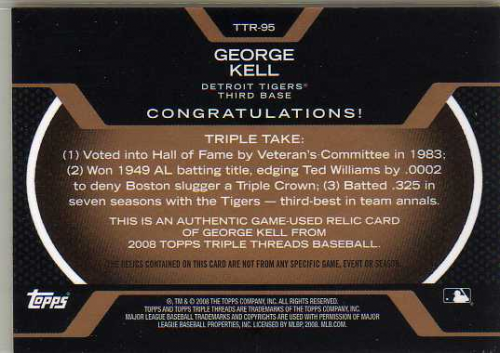 2008 Topps Triple Threads Relics Sepia #95 George Kell back image