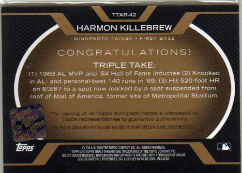 2008 Topps Triple Threads Relics Autographs Gold #42 Harmon Killebrew back image
