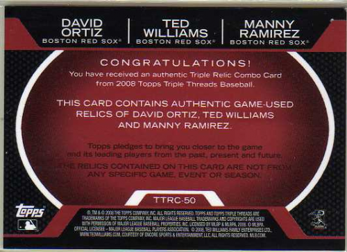 2008 Topps Triple Threads Relics Combos #50 David Ortiz/Ted Williams/Manny Ramirez back image