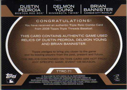 2008 Topps Triple Threads Relics Combos Sepia #71 Dustin Pedroia/Delmon Young/Brian Bannister back image