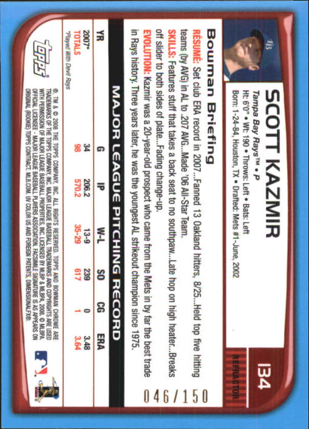 2008 Bowman Chrome Blue Refractors #134 Scott Kazmir back image