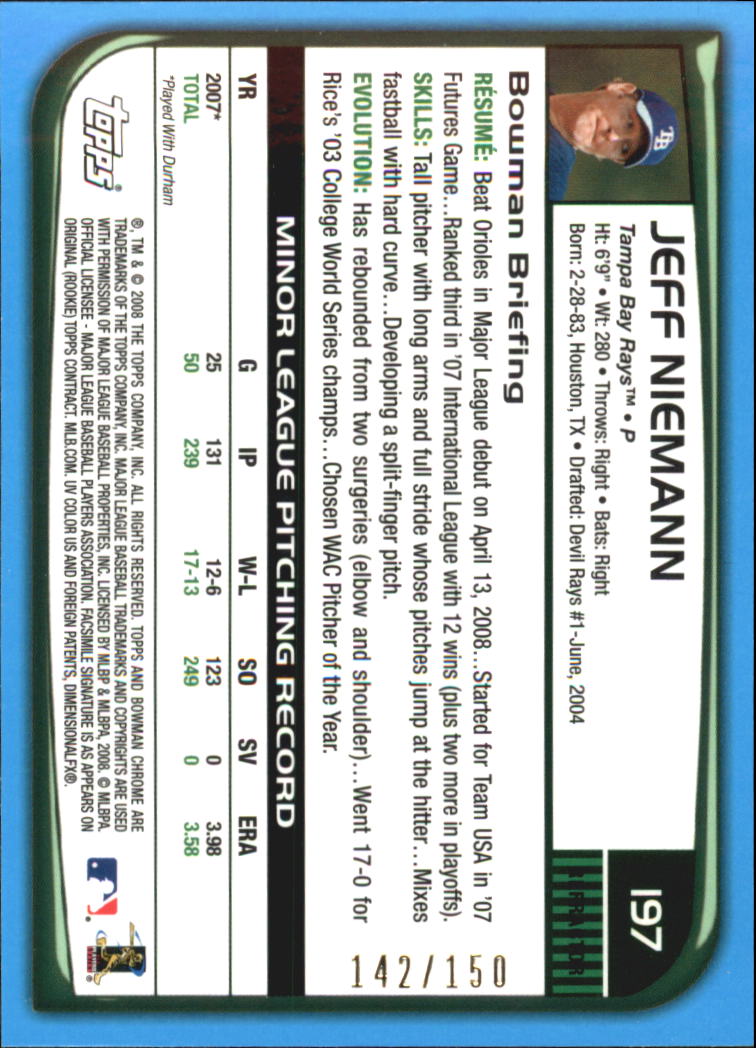 2008 Bowman Chrome Blue Refractors #197 Jeff Niemann back image