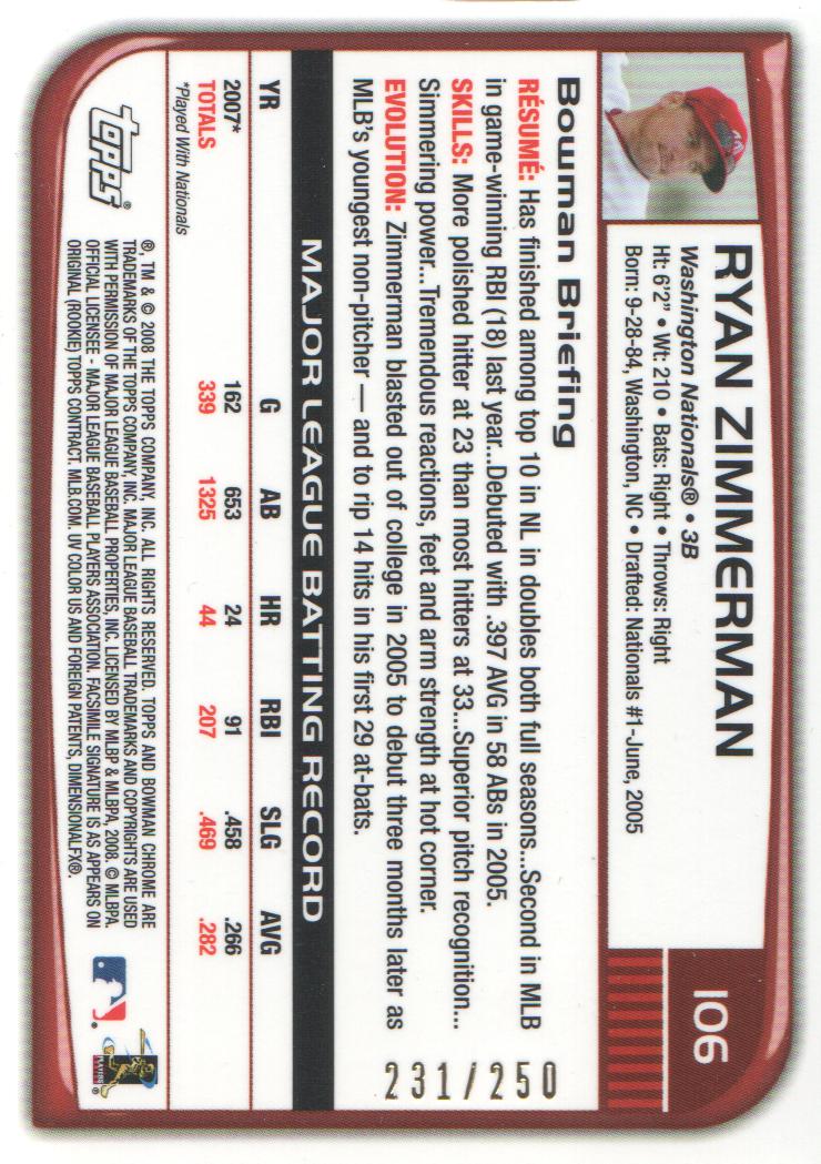 2008 Bowman Chrome X-Fractors #106 Ryan Zimmerman back image