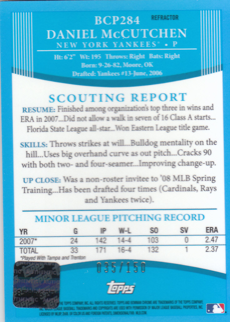 2008 Bowman Chrome Prospects Blue Refractors #BCP284 Daniel McCutchen AU back image